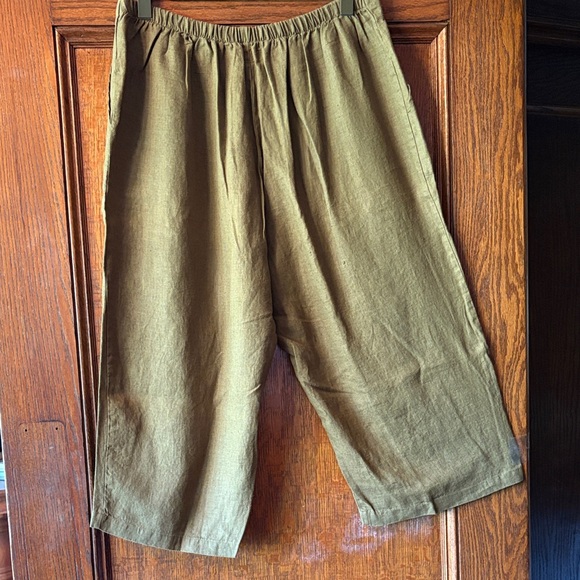 FLAX olive Green Linen wide leg flood Pants - Picture 3 of 4
